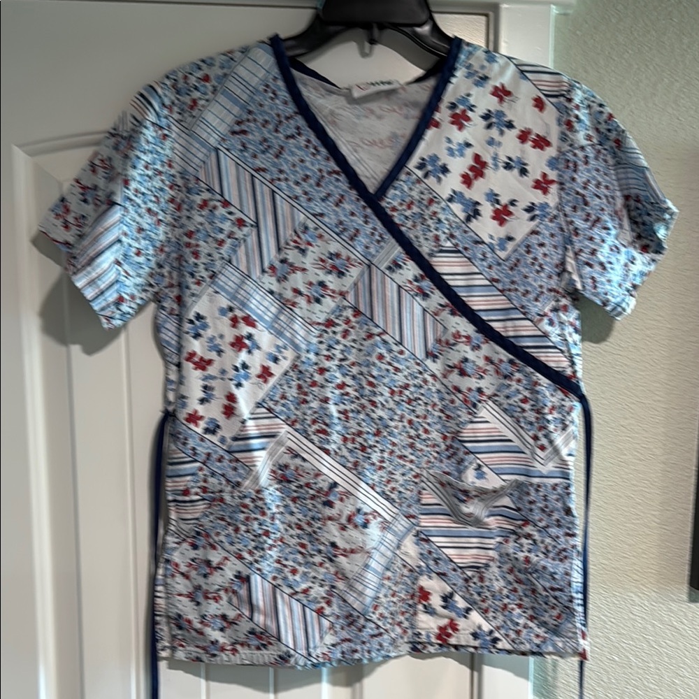 Floral and Striped V-Neck Scrub Top